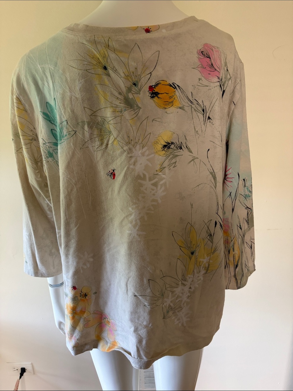 Chico's Beige Floral Scoop Neck Long Sleeve Top with Red and Yellow Accents - Picture 3 of 5